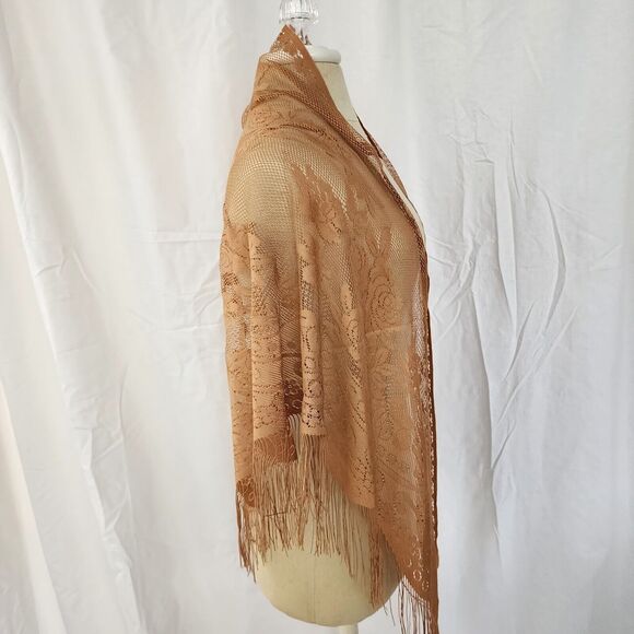 Formal Shawl Fringe Camel Tan Triangle Scarf Lace Evening Wrap Romantic New - Picture 5 of 5